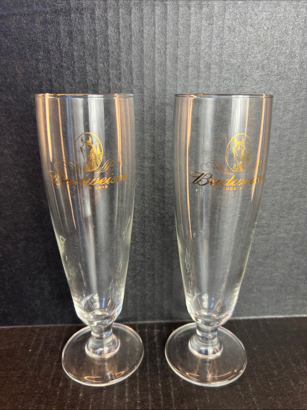 Budweiser Clear Glass Pilsners with Gold Logo - Pair